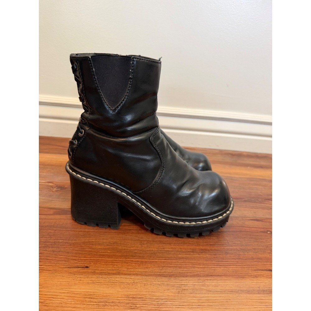 Vintage Black Platform lower east side Boots Chunky Block Heel Y2K Lace Up 6.5